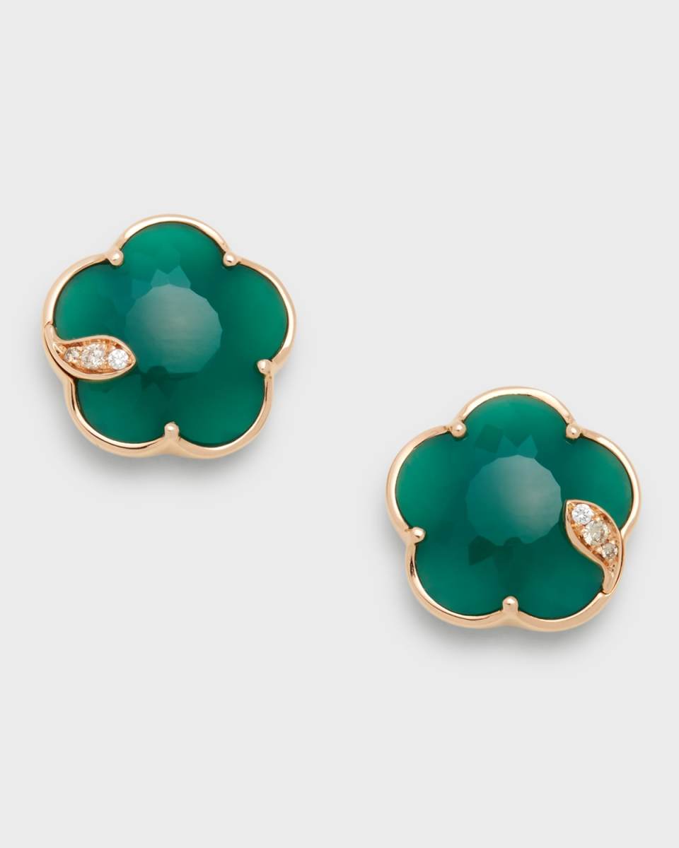 Petite Joli Green Agate Floral Stud Earrings with Diamonds